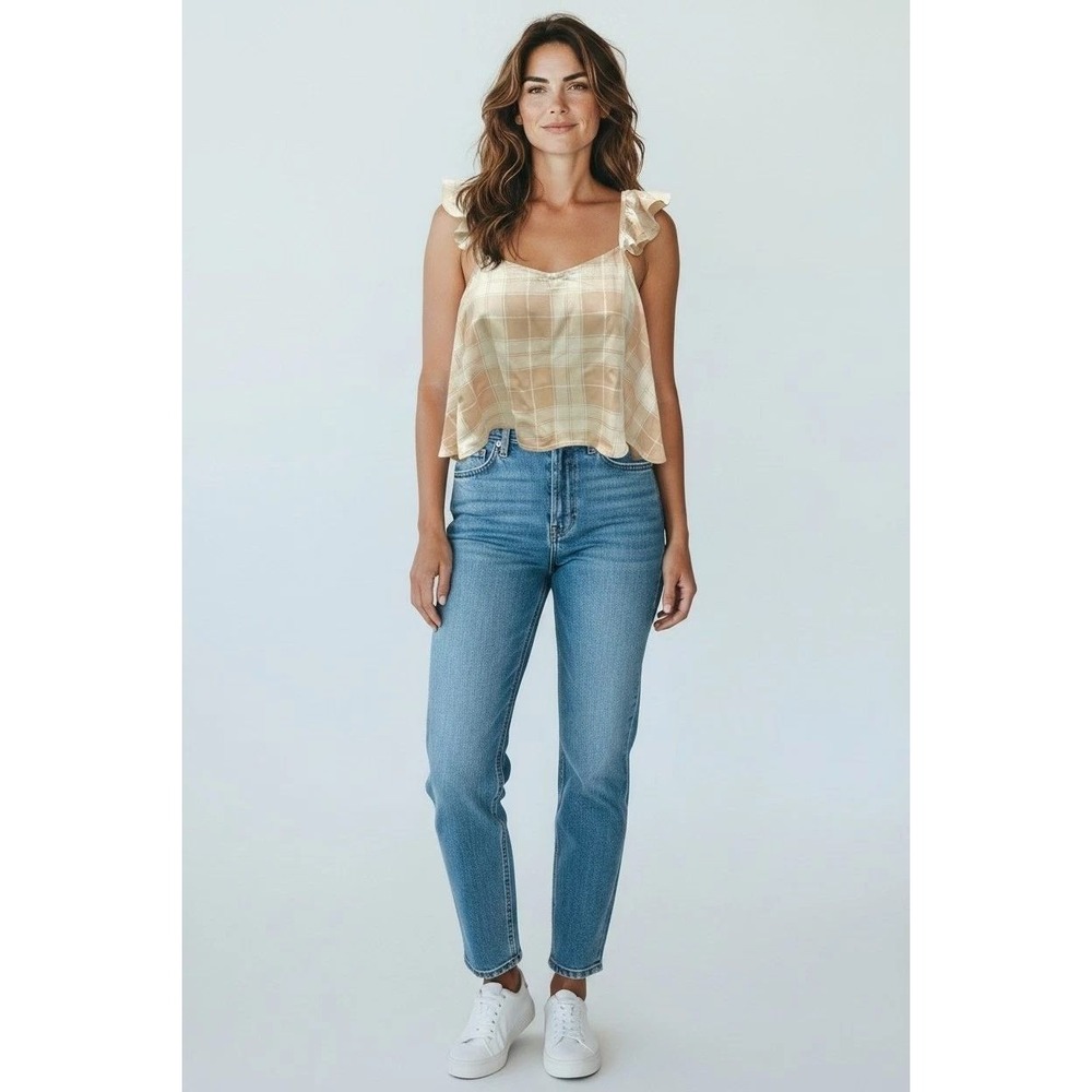 Tan Plaid Ruffle Strap Camisole Top Sweetheart Neck Swing Cami